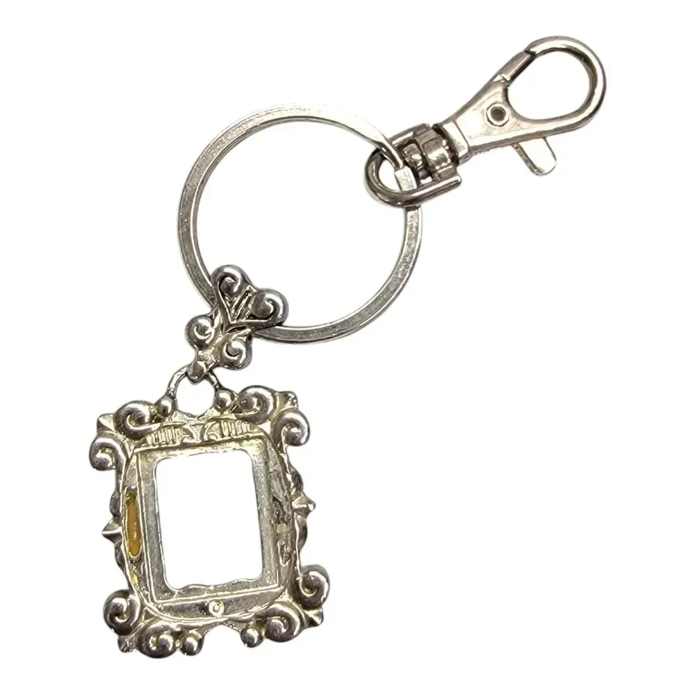 Vintage Ornate Mini Picture Frame Keychain Silver Tone Baroque Charm Key Ring
